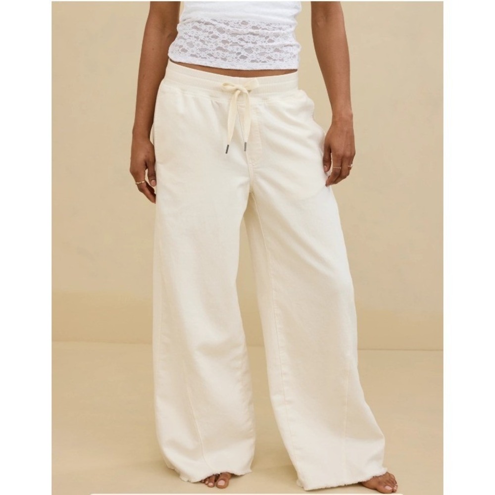 Aerie Soft Landing Wide Leg Pants Women XS Cream Raw Hem Lounge Relaxed Pull On